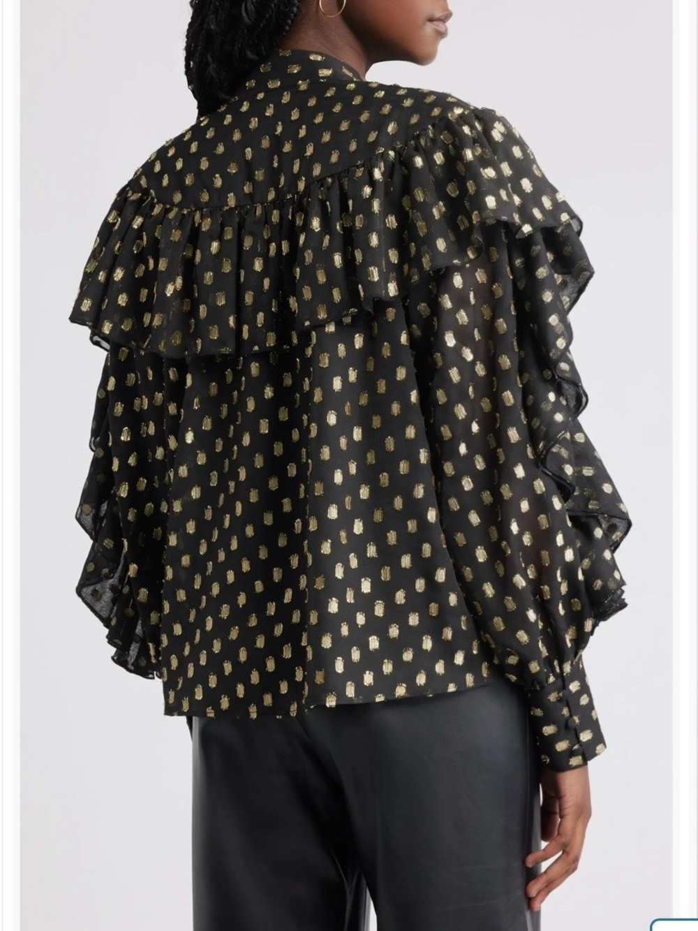 Black Tie-Neck Blouse with Gold Dot Print - Picture 2 of 7